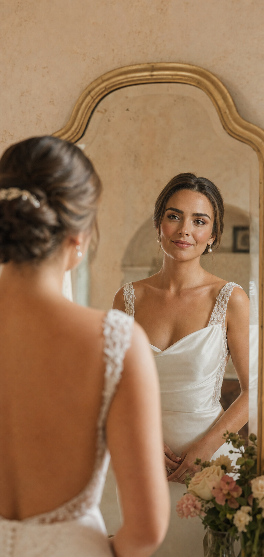Novia observando su reflejo después del peinado y maquillaje final